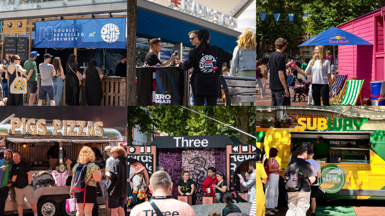 Collage of six images showing promotional brands, brand activation and sampling activity in Reading town centre
